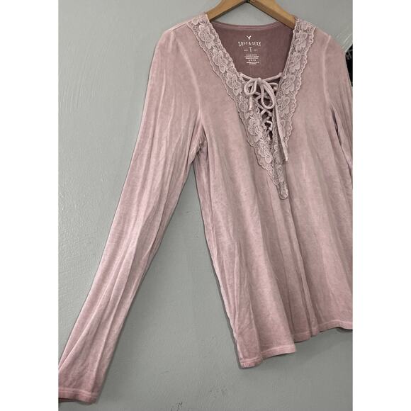 American Eagle Soft & Sexy T Size Small Pink Lace Up Knit Top Romantic Coquette - Picture 2 of 7